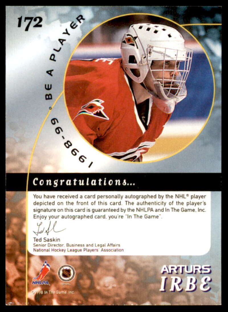 Arturs Irbe Card 1998-99 Be A Player Autographs #172  Image 2