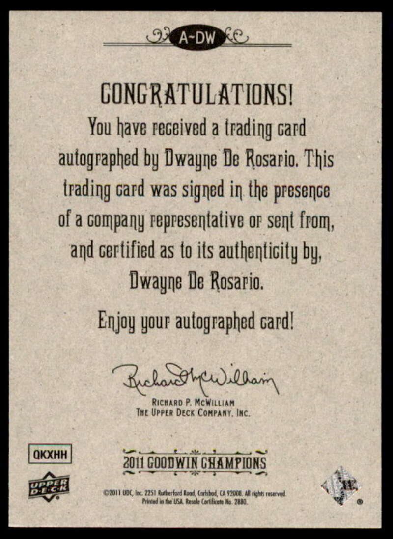 Dwayne De Rosario Card 2011 Upper Deck Goodwin Champions Autographs #DW  Image 2