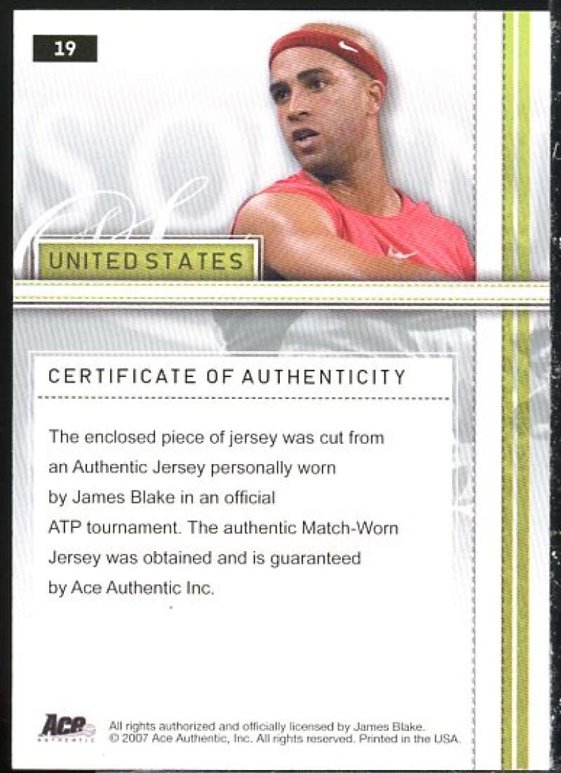 James Blake Card 2007 Ace Authentic Straight Sets Materials #19  Image 2