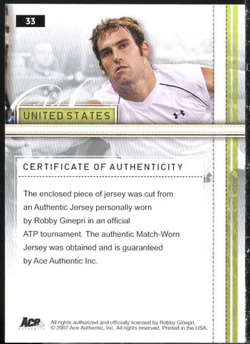 Robby Ginepri Card 2007 Ace Authentic Straight Sets Materials #33  Image 2