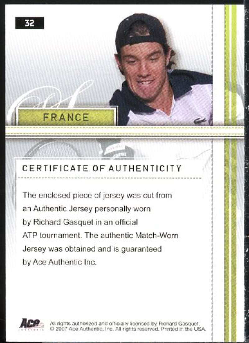 Richard Gasquet Card 2007 Ace Authentic Straight Sets Materials #32  Image 2