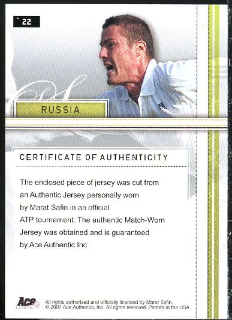 Marat Safin Card 2007 Ace Authentic Straight Sets Materials #22  Image 2