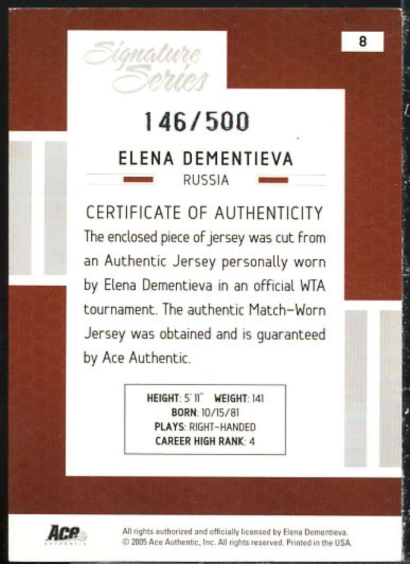 Elena Dementieva Card 2005 Ace Authentic Signature Series Jersey #8  Image 2