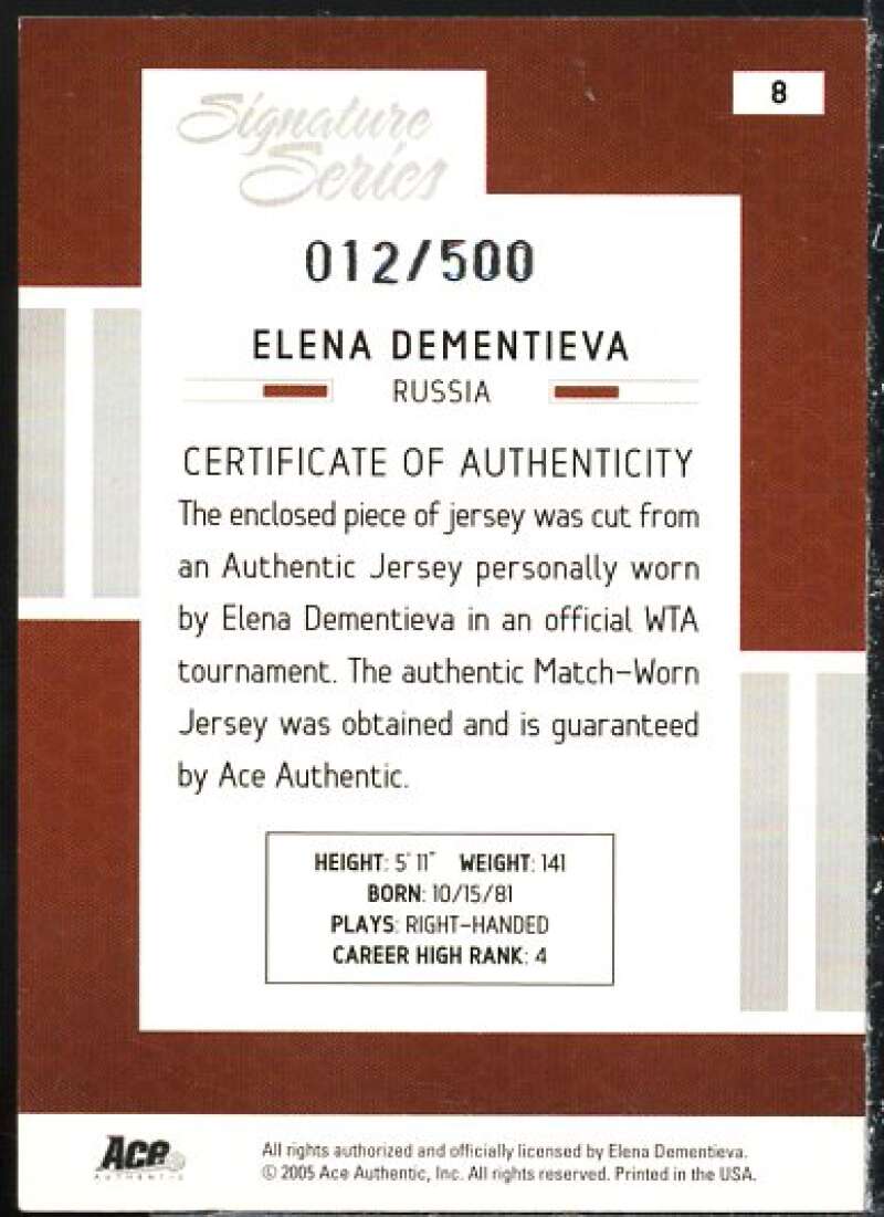 Elena Dementieva Card 2005 Ace Authentic Signature Series Jersey #8  Image 2