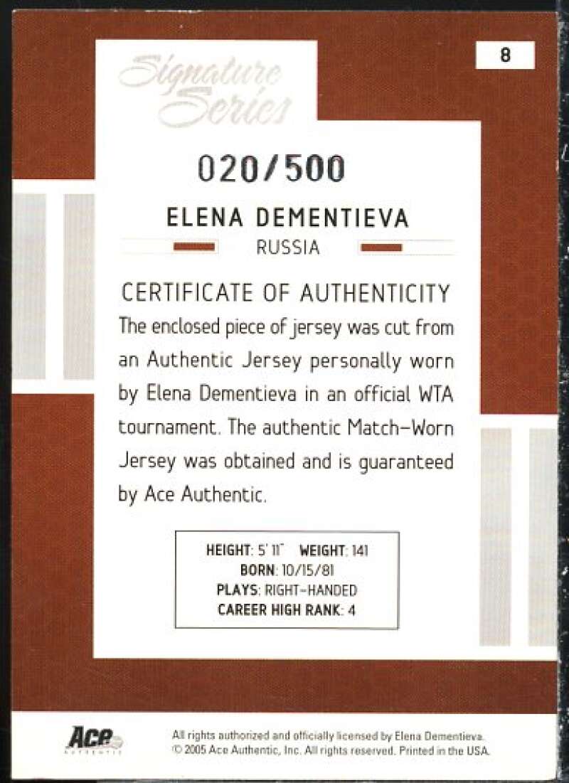 Elena Dementieva Card 2005 Ace Authentic Signature Series Jersey #8  Image 2