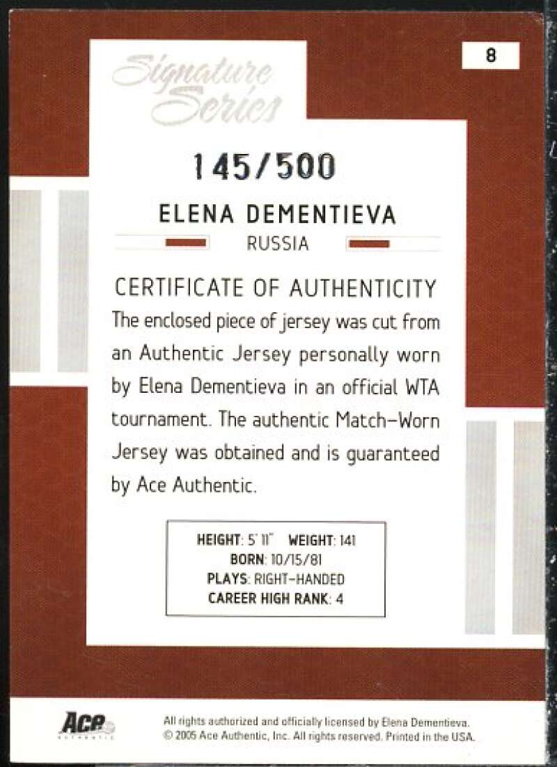 Elena Dementieva Card 2005 Ace Authentic Signature Series Jersey #8  Image 2