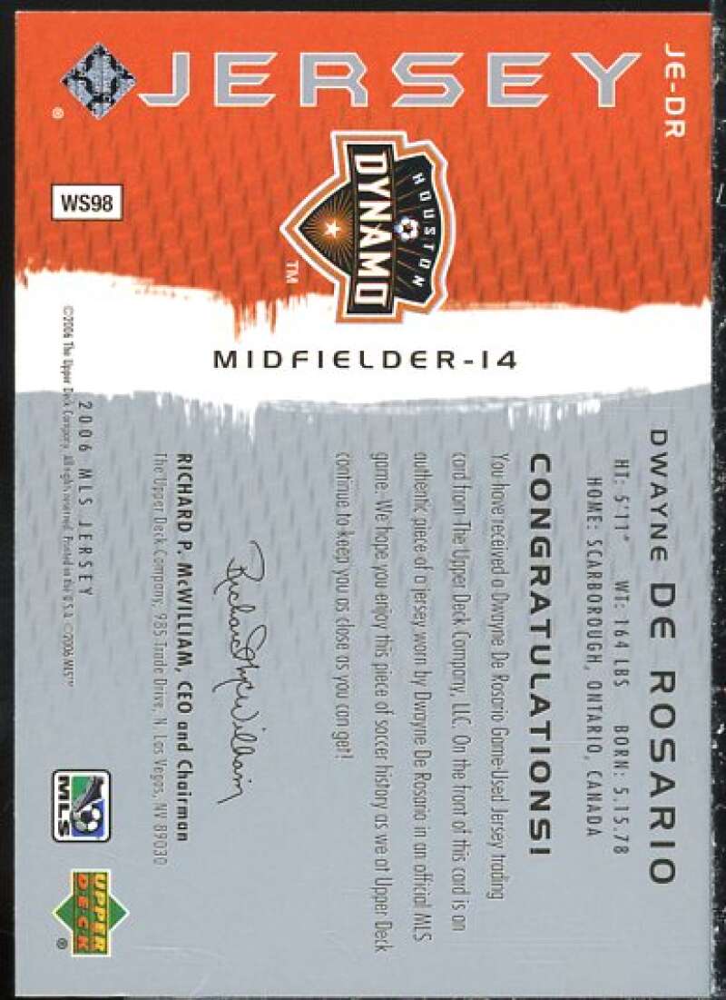 Dwayne De Rosario Card 2006 Upper Deck MLS Jerseys #JEDR  Image 2