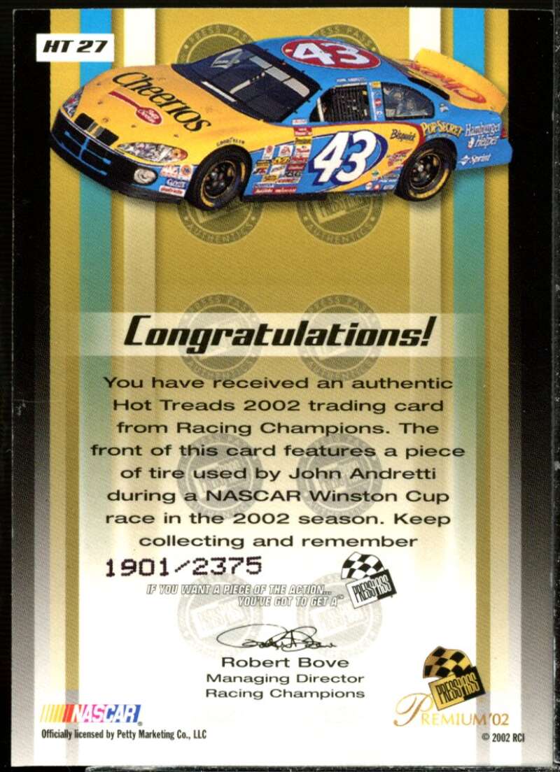 John Andretti's Car Card 2002 Press Pass Hot Treads #HT27  Image 2