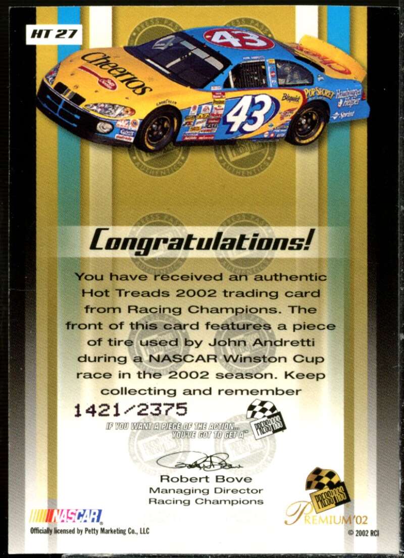 John Andretti's Car Card 2002 Press Pass Hot Treads #HT27  Image 2