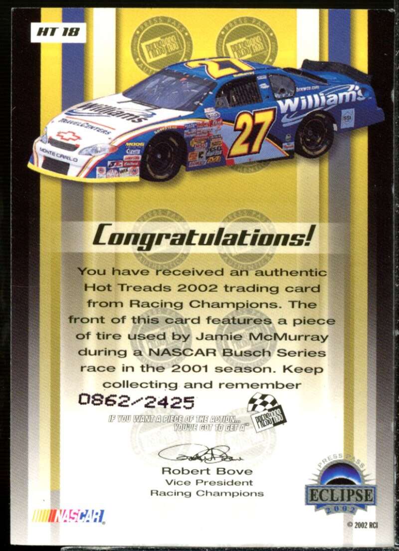 J.McMurray's Car Card 2002 Press Pass Hot Treads #HT18  Image 2