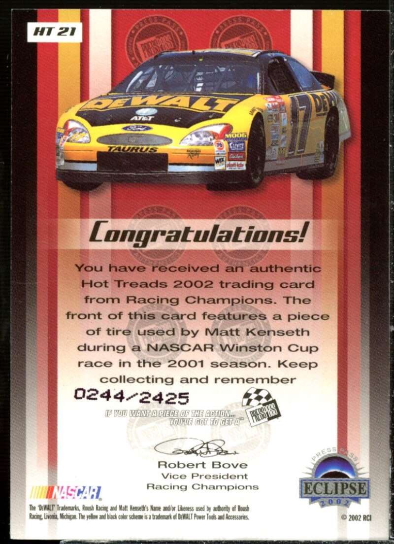 Matt Kenseth's Car Card 2002 Press Pass Hot Treads #HT21  Image 2