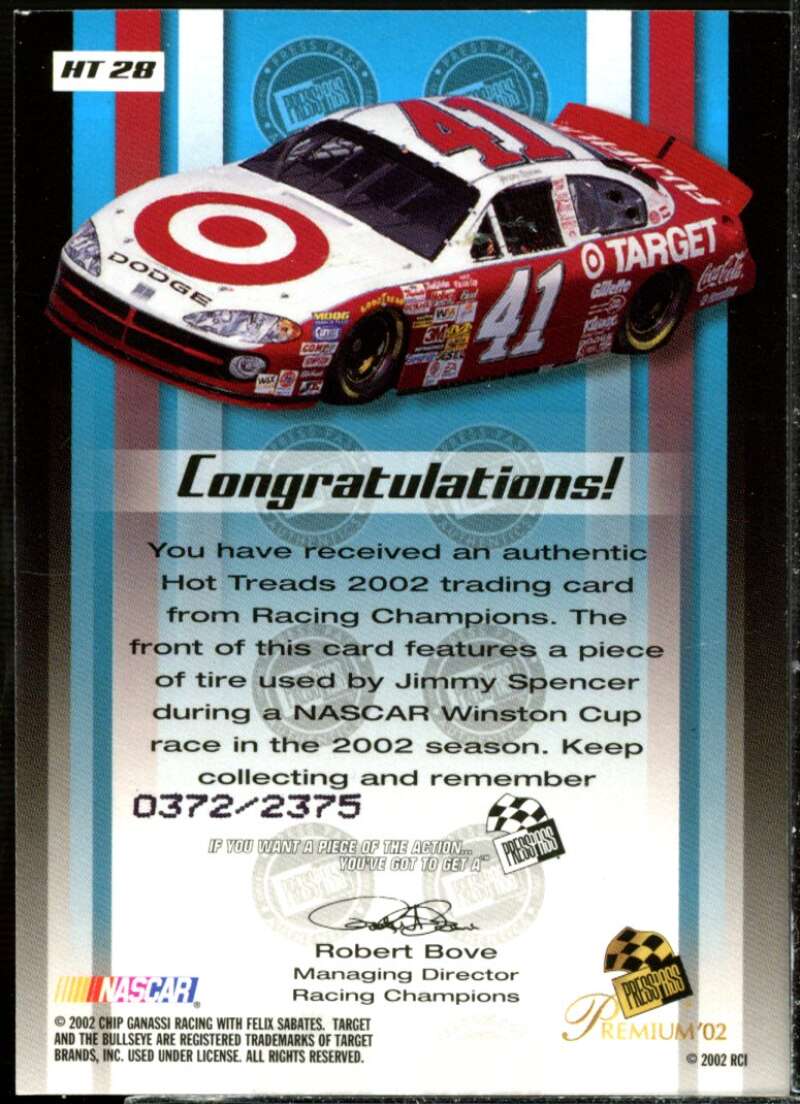 Jimmy Spencer's Car Card 2002 Press Pass Hot Treads #HT28  Image 2