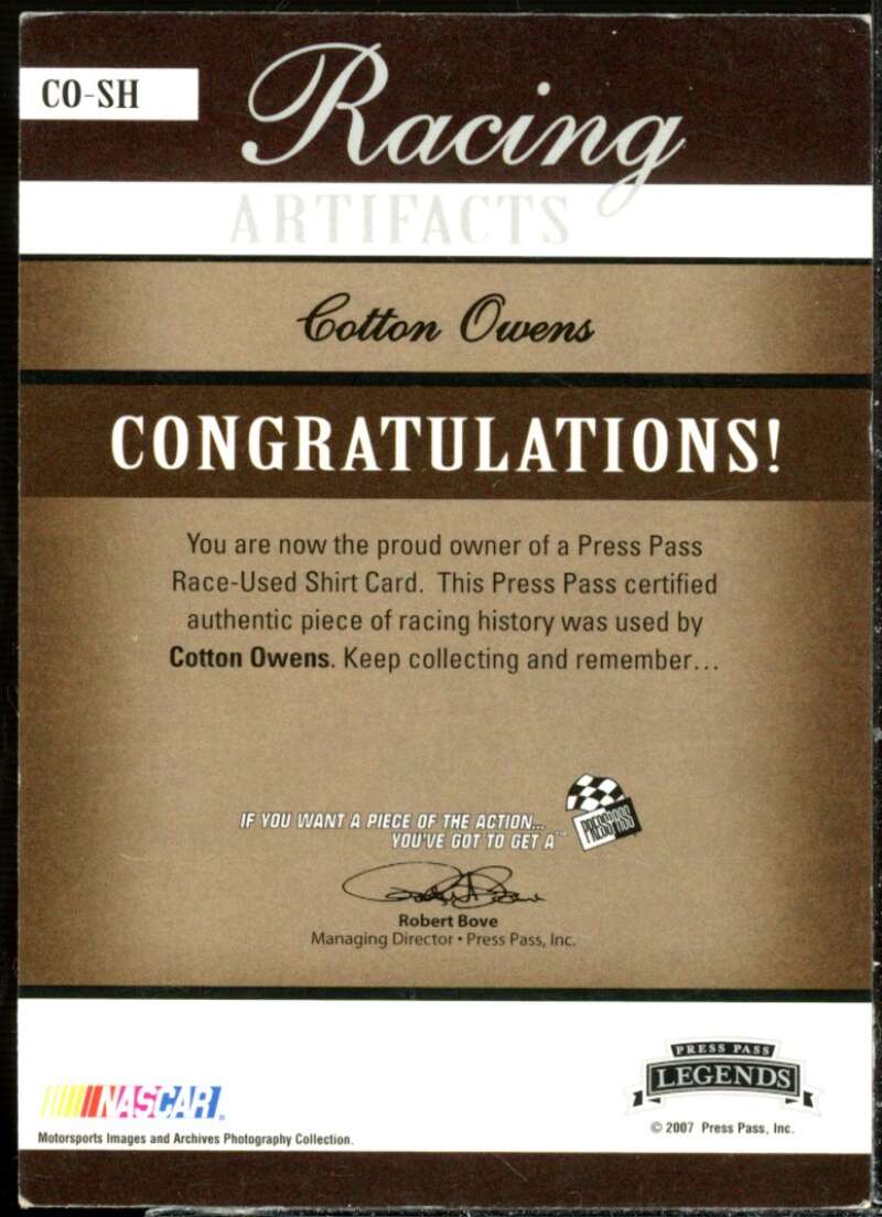 Cotton Owens Card 2007 Press Pass Legends Racing Artifacts Shirt Silver #COSH  Image 2