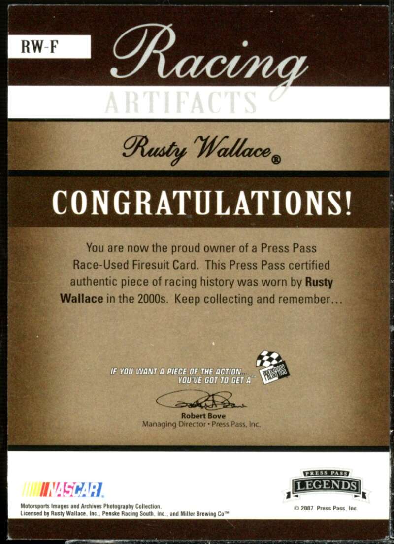 Rusty Wallace 2007 Press Pass Legends Racing Artifacts Firesuit Bronze #RWF  Image 2