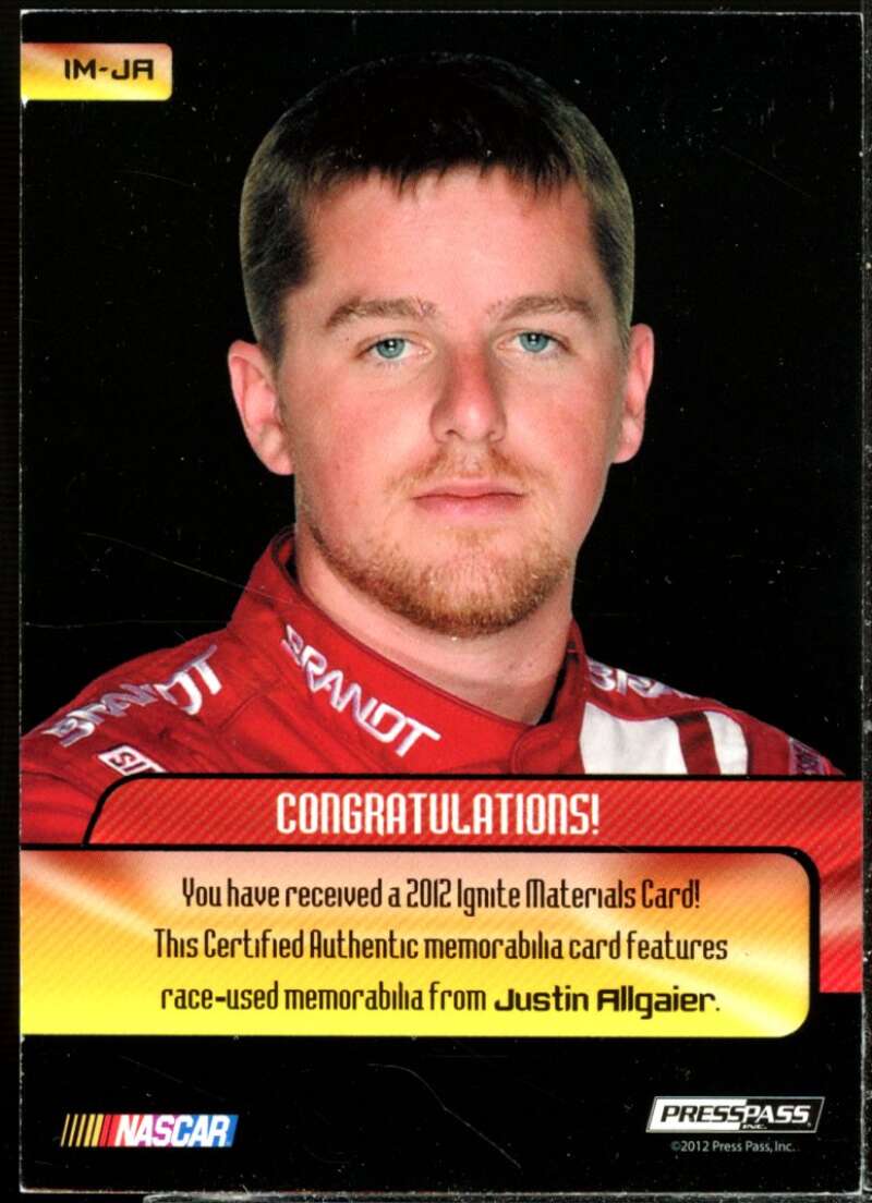 Justin Allgaier Card 2012 Press Pass Ignite Materials Silver #IMJA  Image 2