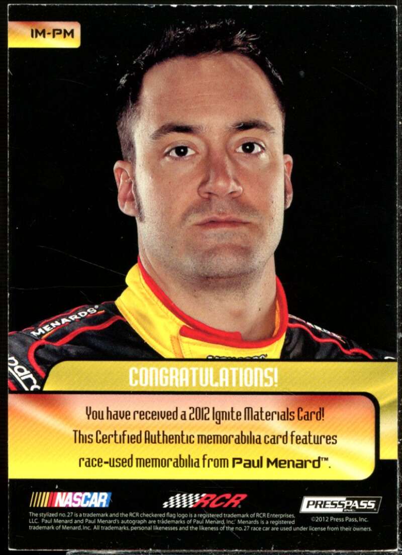 Paul Menard Card 2012 Press Pass Ignite Materials Silver #IMPM  Image 2