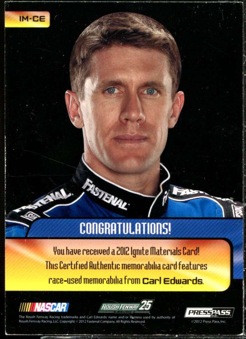 Carl Edwards Card 2012 Press Pass Ignite Materials Silver #IMCE  Image 2