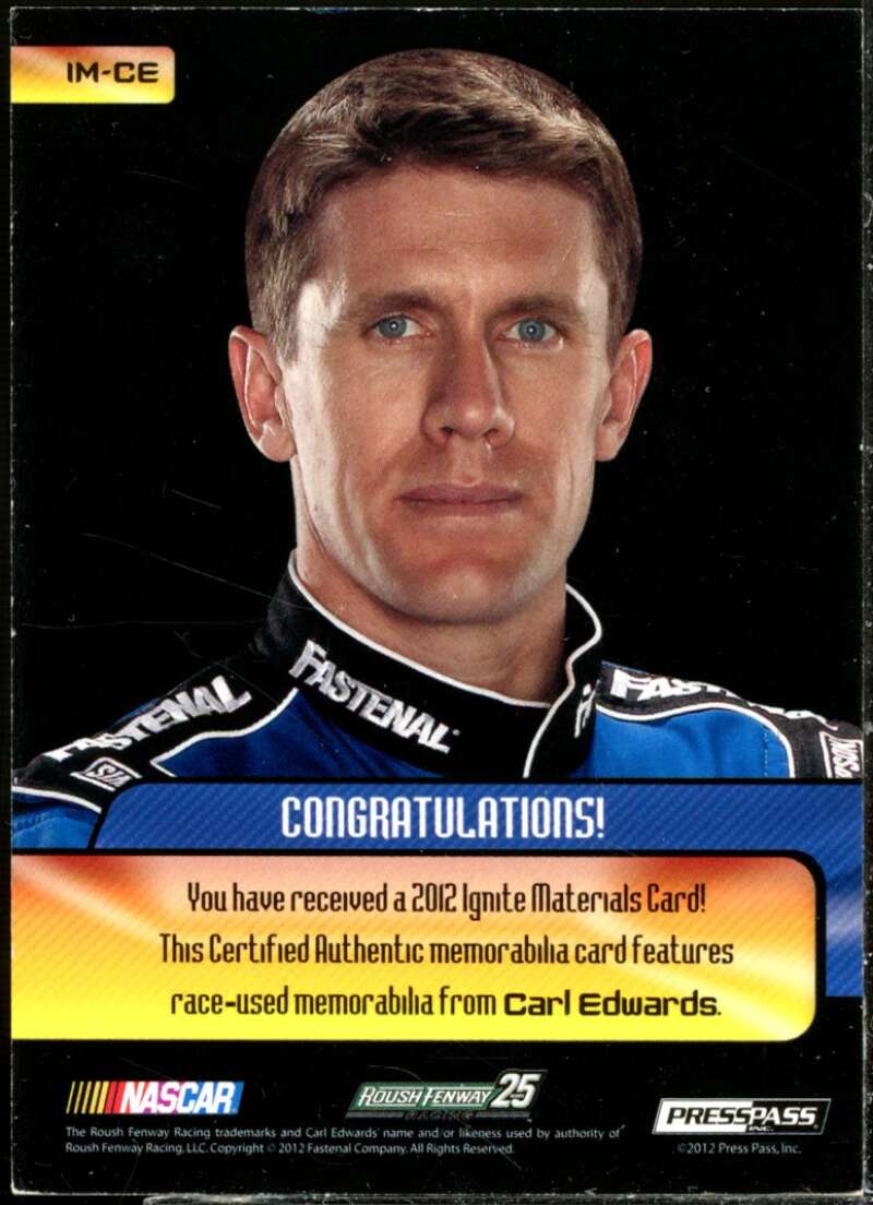 Carl Edwards Card 2012 Press Pass Ignite Materials Silver #IMCE  Image 2