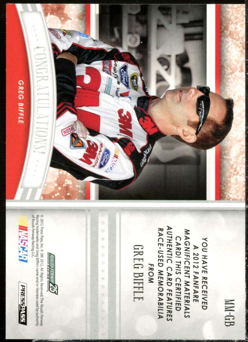 Greg Biffle Card 2012 Press Pass Fanfare Magnificent Materials Gold #MMGB  Image 2