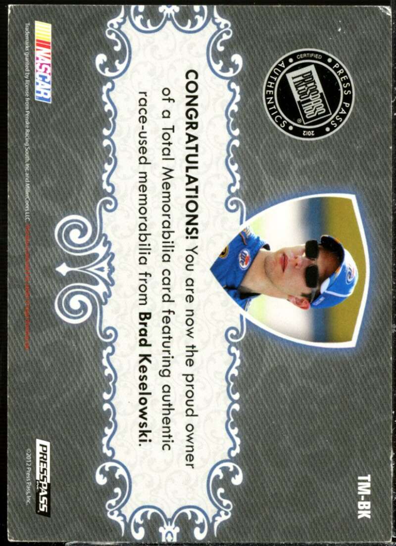 Brad Keselowski Card 2012 Total Memorabilia Single Swatch Silver #TMBK  Image 2