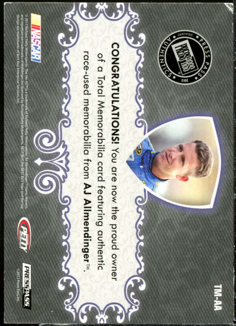 A.J. Allmendinger Card 2012 Total Memorabilia Dual Swatch Silver #TMAA  Image 2