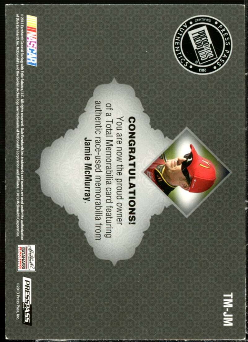 Jamie McMurray Card 2013 Total Memorabilia Single Swatch Silver #TMJM  Image 2