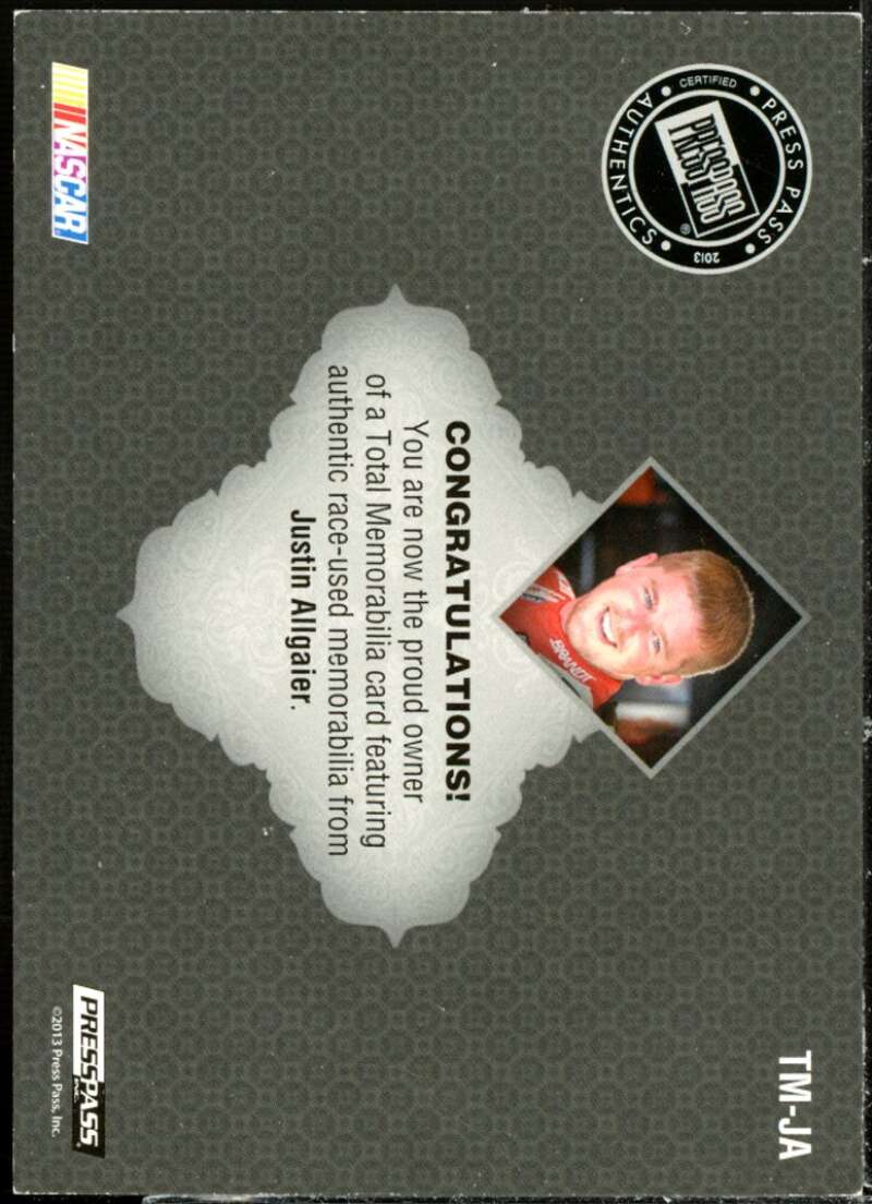 Justin Allgaier Card 2013 Total Memorabilia Single Swatch Silver #TMJA  Image 2