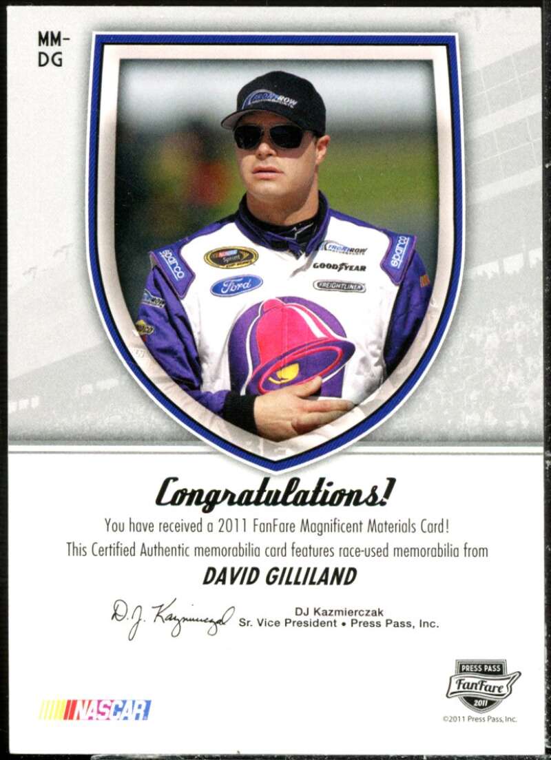 David Gilliland Card 2011 Press Pass FanFare Magnificent Materials #MMDG  Image 2