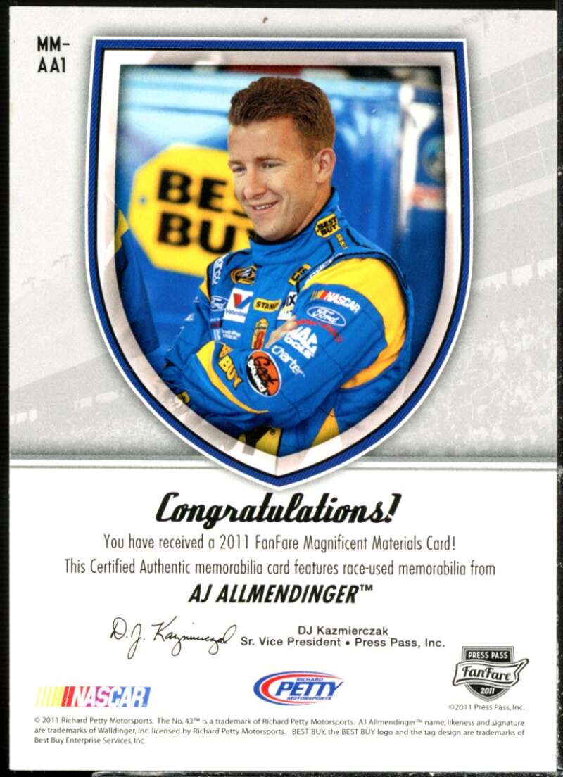 A.J. Allmendinger Card 2011 Press Pass FanFare Magnificent Materials #MMAA  Image 2