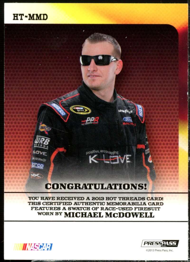 Michael McDowell Card 2013 Press Pass Ignite Hot Threads Silver #HTMMD  Image 2