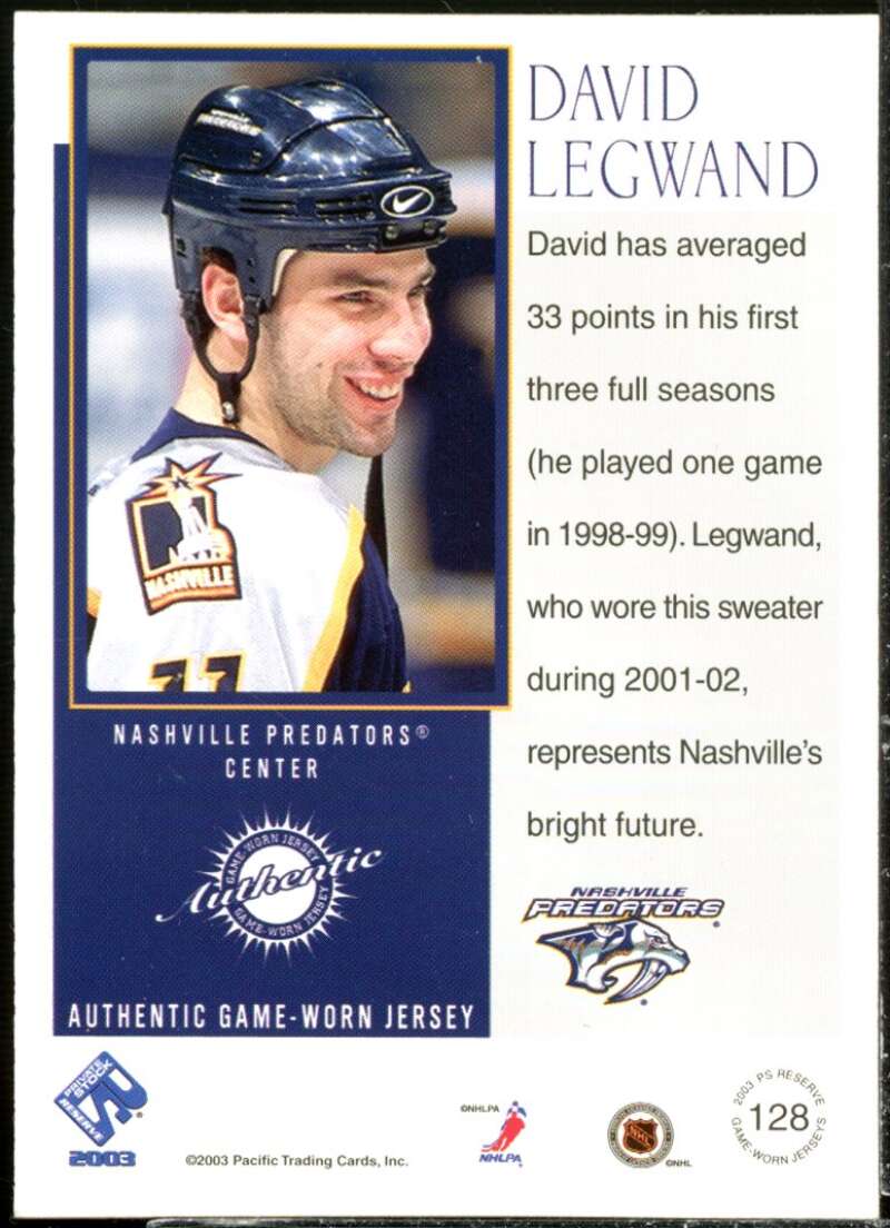 David Legwand JSY Card 2002-03 Private Stock Reserve #128  Image 2