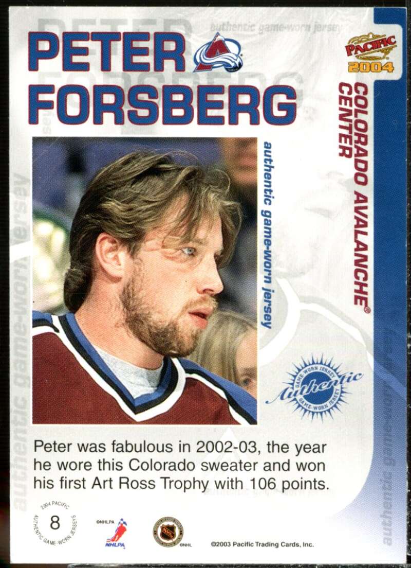 Peter Forsberg Card 2003-04 Pacific Jerseys #8  Image 2