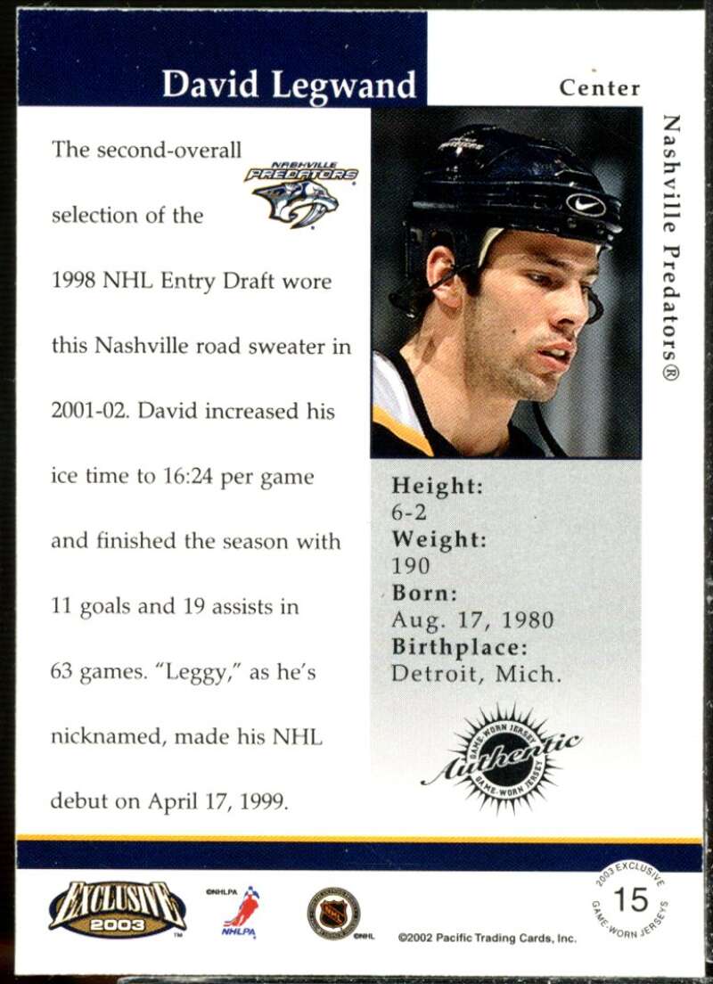 David Legwand Card 2002-03 Pacific Exclusive Jerseys #15  Image 2