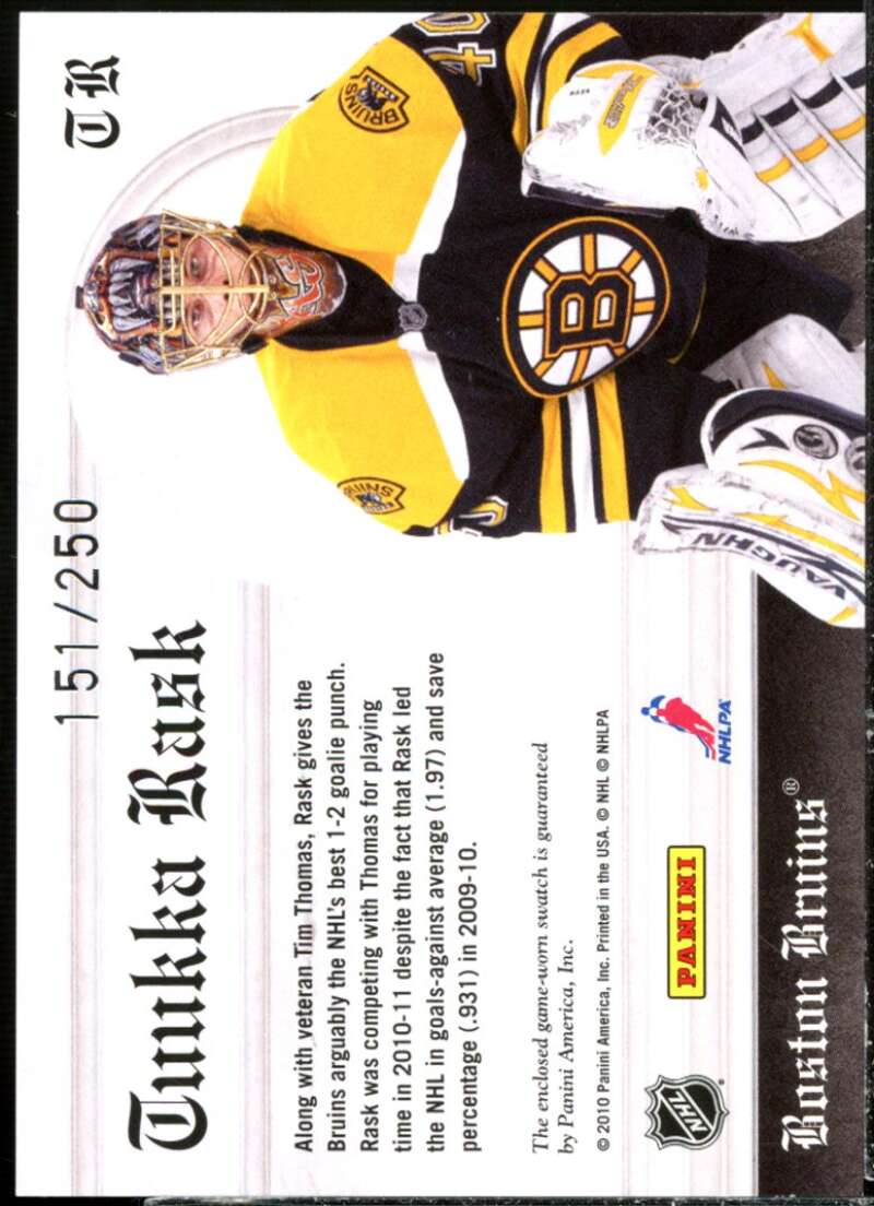 Tuukka Rask Card 2010-11 Crown Royale Heirs to the Throne Materials #TR  Image 2