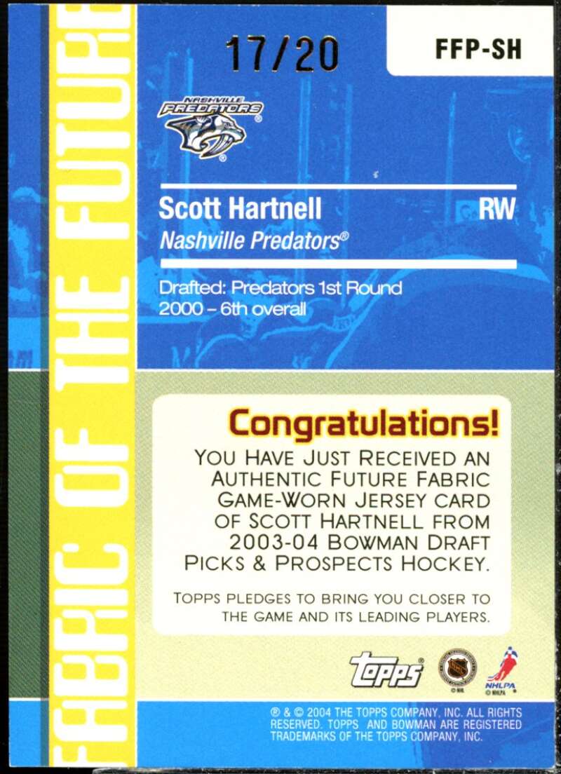 Scott Hartnell Card 2003-04 Bowman Future Fabric Patches #SH  Image 2