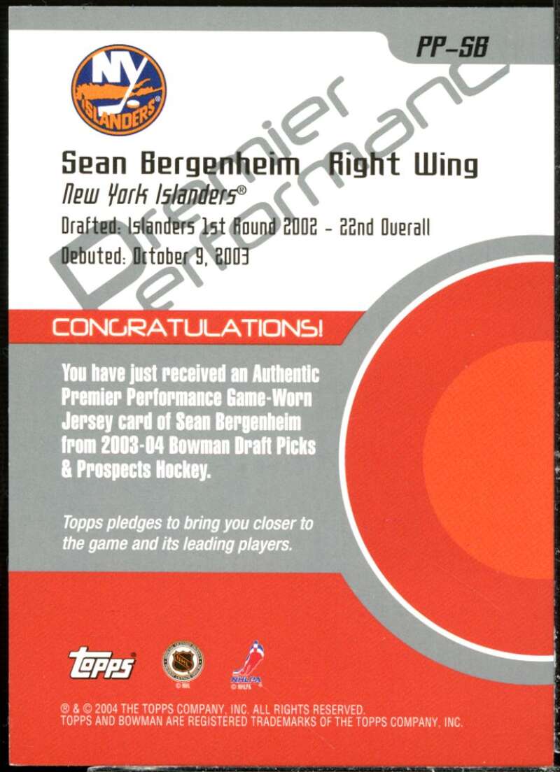 Sean Bergenheim Card 2003-04 Bowman Premier Performance Jerseys #PPSB  Image 2