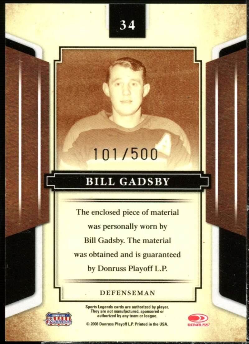 Bill Gadsby Jsy Card 2008 Donruss Sports Legends Materials Mirror Red #34  Image 2