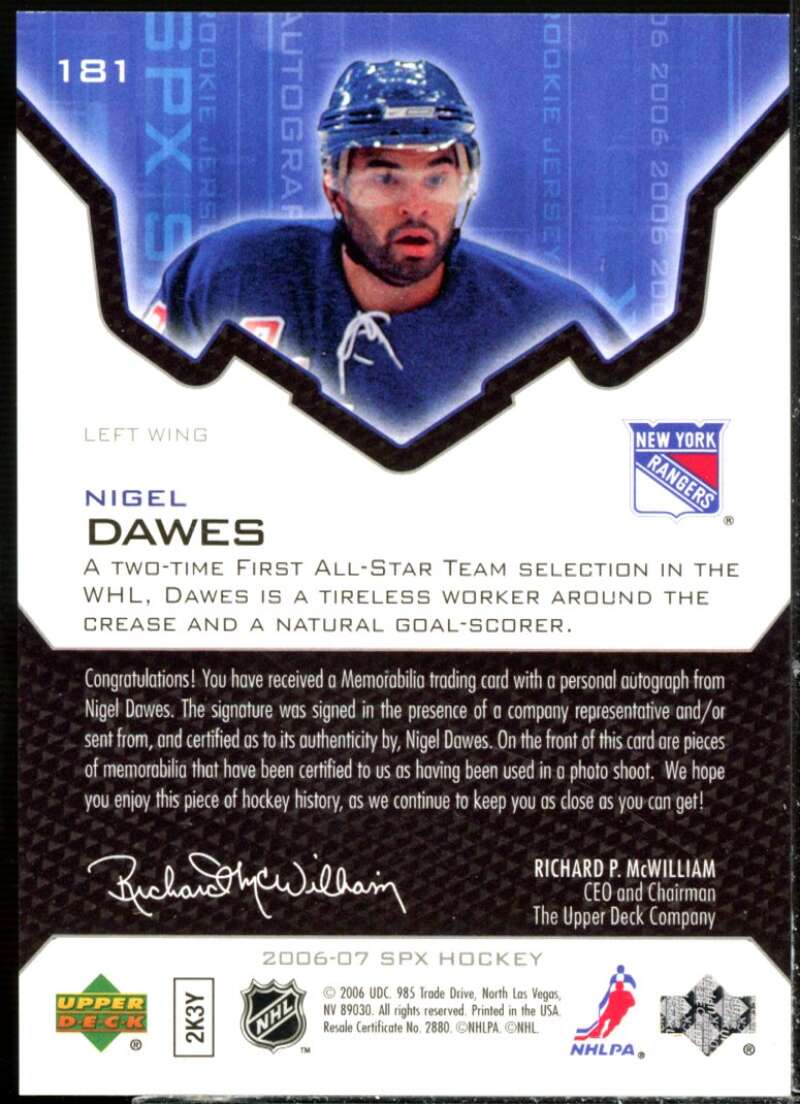 Nigel Dawes JSY AU RC Card 2006-07 SPx #181  Image 2