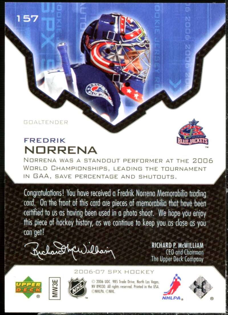 Fredrik Norrena JSY RC Card 2006-07 SPx #157  Image 2