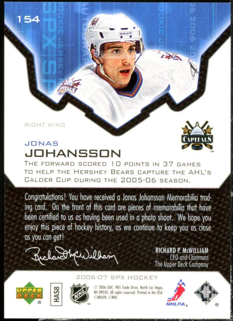 Jonas Johansson JSY RC Card 2006-07 SPx #154  Image 2