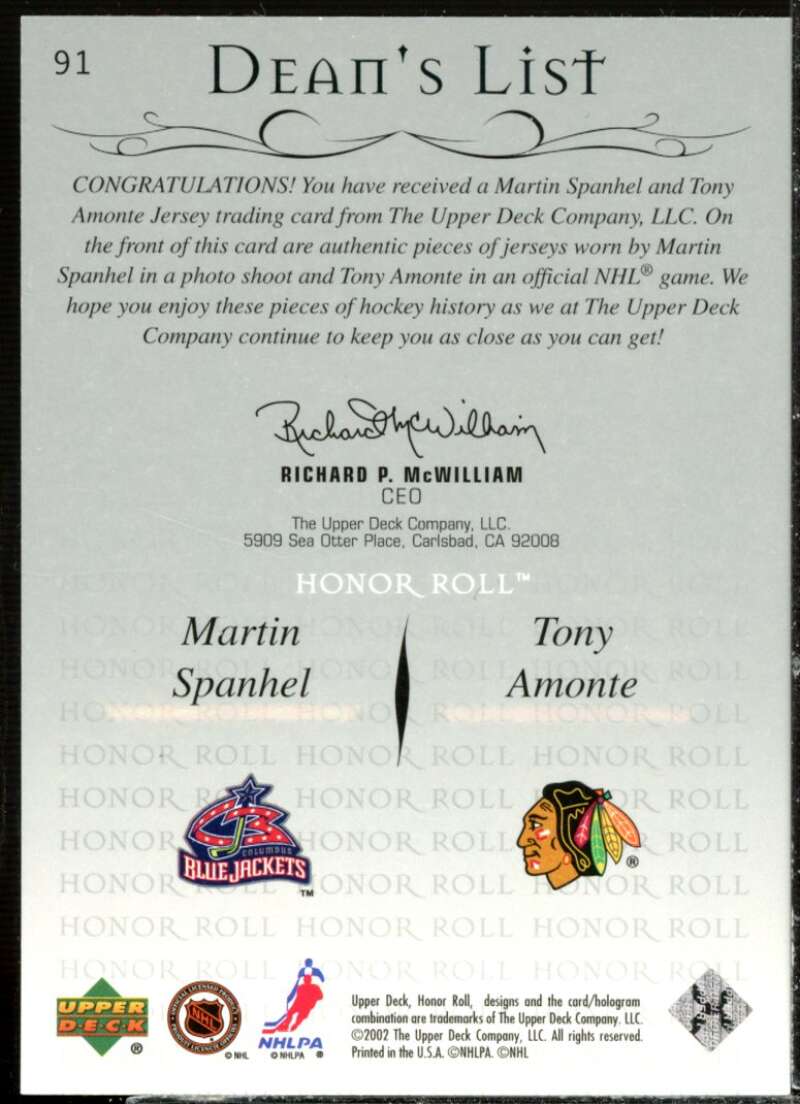 Martin Spanhel RC/Tony Amonte JSY Card 2001-02 Upper Deck Honor Roll #91  Image 2