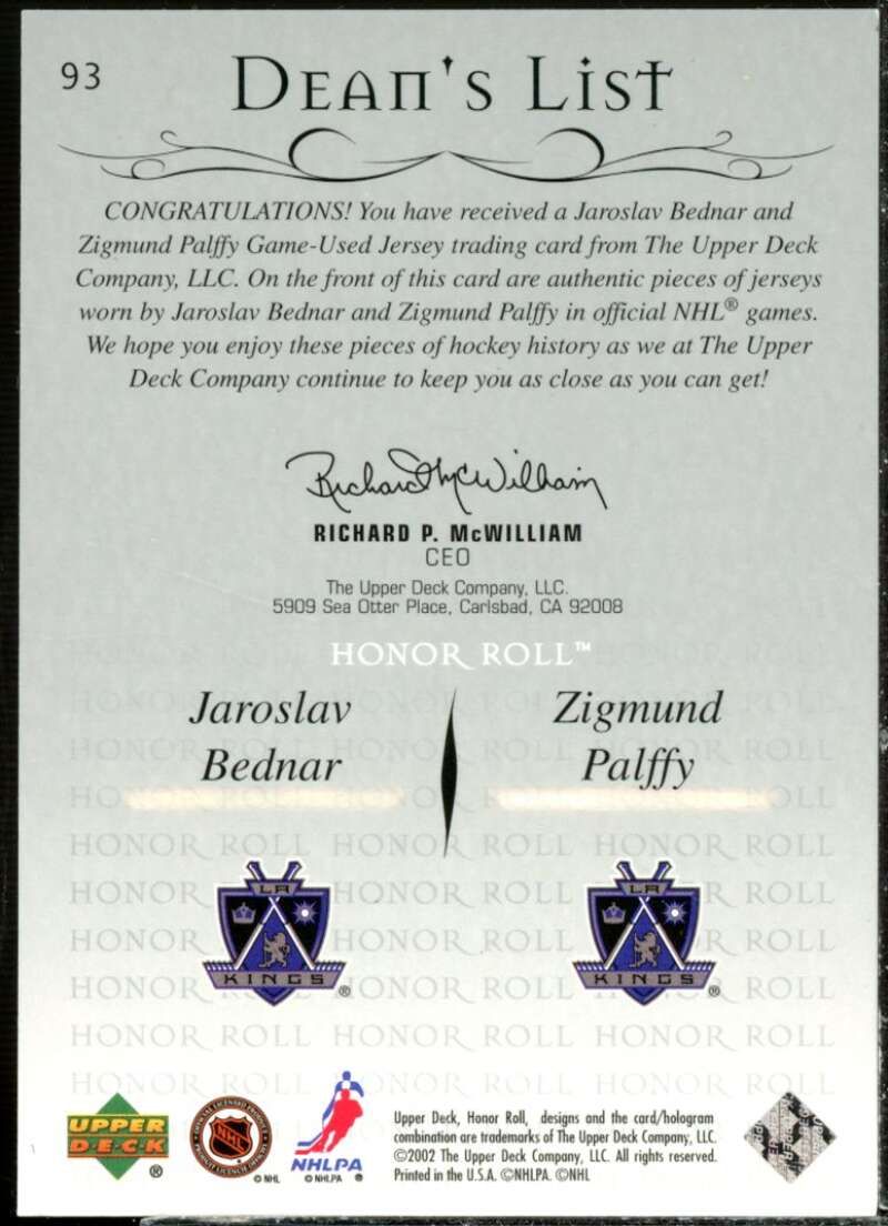 Jaroslav Bednar RC/Zigmund Palffy JSY Card 2001-02 Upper Deck Honor Roll #93  Image 2