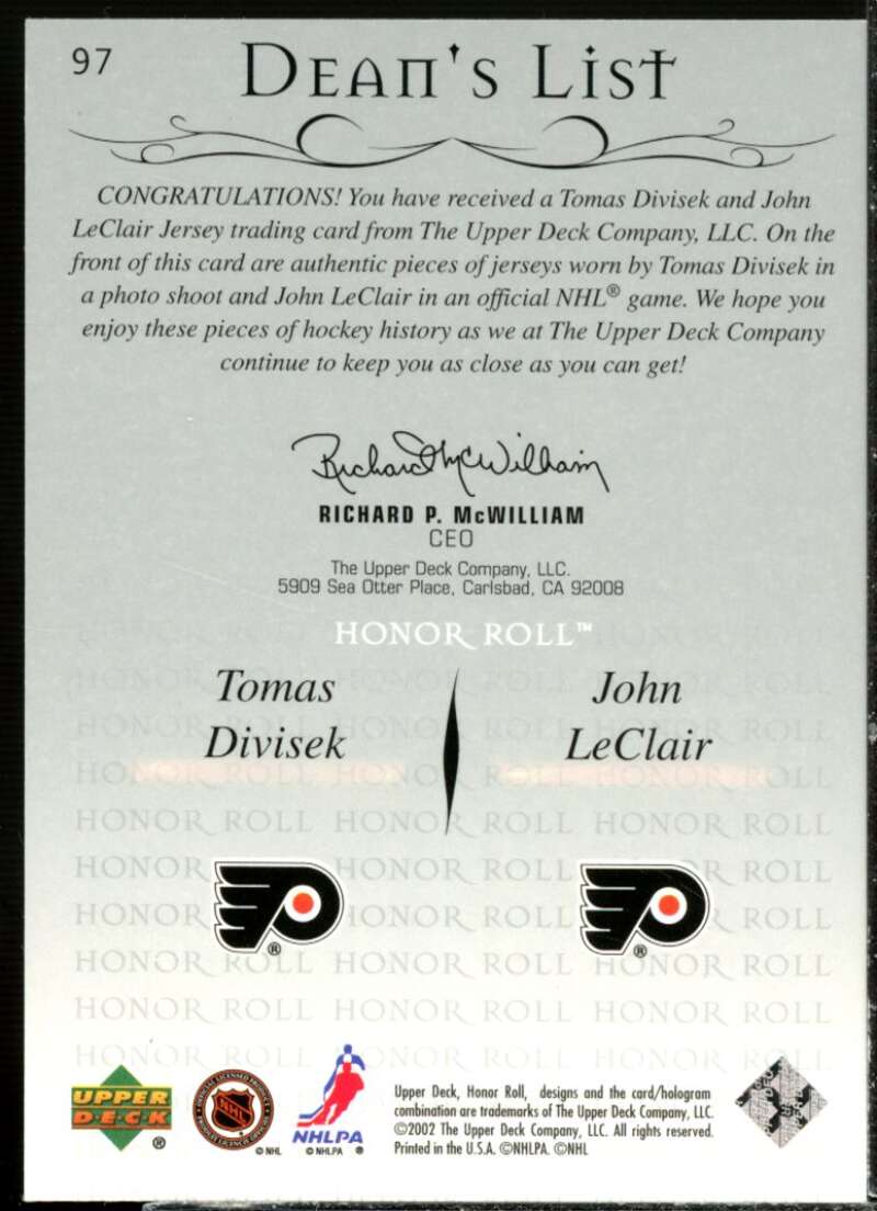 Tomas Divisek RC/John LeClair JSY Card 2001-02 Upper Deck Honor Roll #97  Image 2