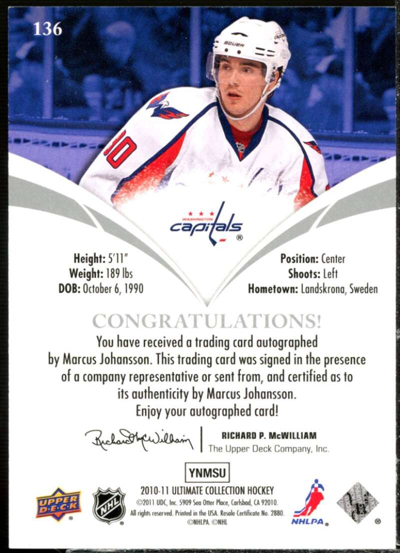 Marcus Johansson AU/299 RC Card 2010-11 Ultimate Collection #136  Image 2