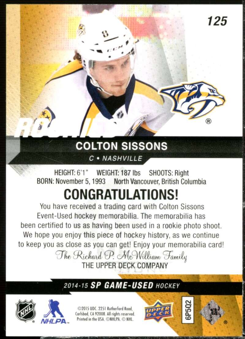 Colton Sissons Card 2014-15 SP Game Used Gold Jerseys #125  Image 2