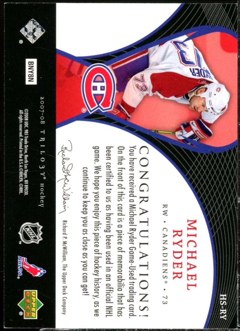 Michael Ryder Card 2006-07 Upper Deck Trilogy Honorary Swatches #HSMR  Image 2