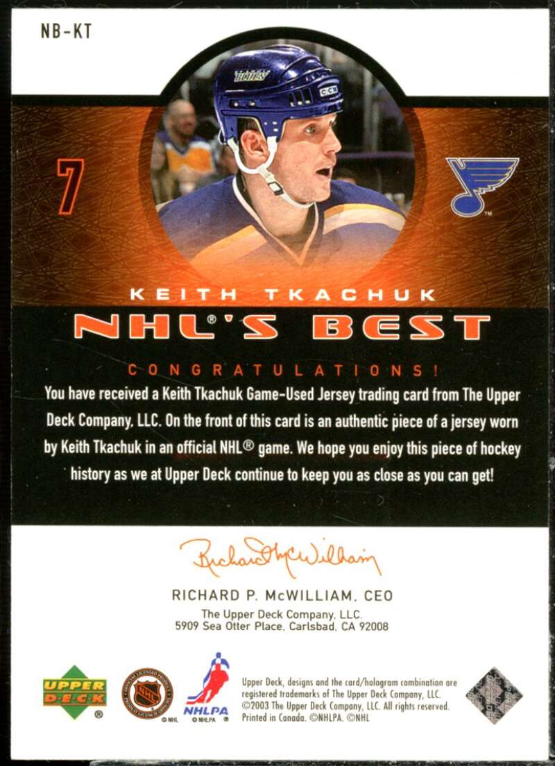 Keith Tkachuk Card 2003-04 Upper Deck NHL's Best #NBKT  Image 2