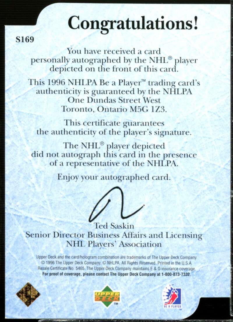 Robert Svehla Card 1995-96 Be A Player Autographs Die Cut #S169  Image 2