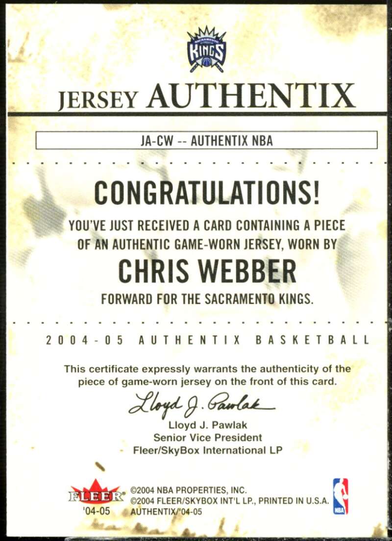 Chris Webber Card 2004-05 Fleer Authentix Jerseys #20  Image 2