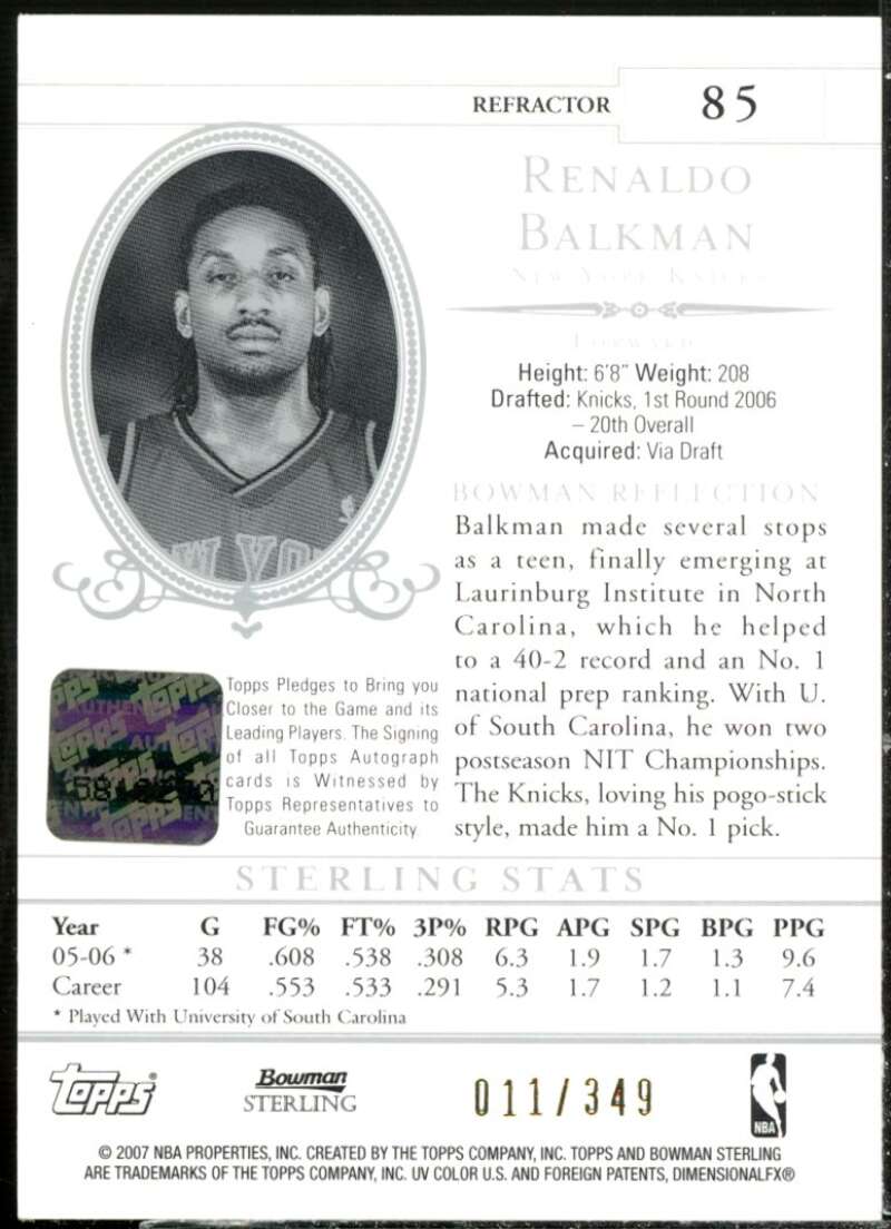 Renaldo Balkman AU Rookie Card 2006-07 Bowman Sterling Refractors Gold #85  Image 2